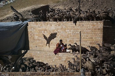 Sky burials are practiced by some Tibetans and Mongolian in China as an extreme type of Buddhist's "self-sacrifice almsgiving"