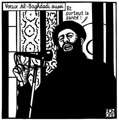 A recently published cartoon by Charlie Hebdo criticizing the leader of the Islamic state, Al-Baghdadi.