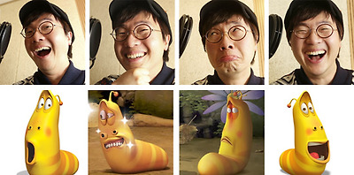 
		홍범기가 녹음실에서 수십가지 기기묘묘한 표정을 지으며(위) 자유분방하게 녹음을 하고 있다. 그 목소리들은 라바의 주인공‘옐로우’의 표정을 입고(아래) 애니메이션의 장면이 된다. 형제처럼 빼닮은 둘. /성형주 객원기자·투바앤 제공
