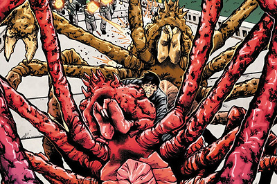 미국의 만화 회사 DC코믹스가 지난 14일 선보인 탈북자 수퍼히어로 ‘안광조’가 초능력으로 불러낸 괴물 게의 등에 업혀 탈출하는 장면. 땀을 엄청나게 흘린 뒤 그 속에서 해양 생물을 불러내는 능력을 지닌 안광조를 미국 매체들은 ‘북한의 아쿠아맨’이라고 부르고 있다.