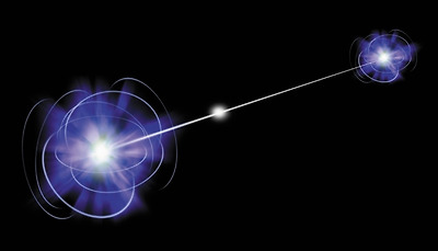 양자얽힘(quantum entanglement)는 서로 얽혀있는 두 입자 사이의 거리가 아무리 멀더라도 한쪽 양자상태가 측정되면 상대쪽도 즉각적으로 결정됨을 뜻한다. 직관적으로 이해되지 않는 이 현상은 양자암호 등에 적용되고 있다. - SPL 제공