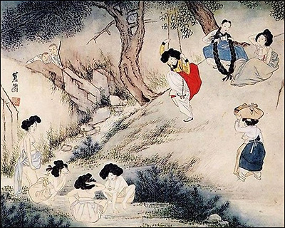 ▲ 혜원 신윤복/단오풍정(端午風情)/지본채색 (紙本彩色) 35.6x28.2cm/간송미술관 소장