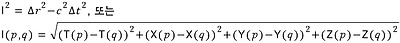 %5Ccombi%20%5E%7B%202%20%7D%7B%20I%20%7D%5Cquad%20%3D%5Cquad%20%5CDelta%20%5Ccombi%20%5E%7B%202%20%7D%7B%20r%20%7D-%5Ccombi%20%5E%7B%202%20%7D%7B%20c%20%7D%5CDelta%20%5Ccombi%20%5E%7B%202%20%7D%7B%20t%20%7D%2C%5Cquad%20%EB%98%90%EB%8A%94%5C%5C%20I(p%2Cq)%5Cquad%20%3D%5Cquad%20%5Csqrt%20%7B%20%5Ccombi%20%5E%7B%202%20%7D%7B%20(T(p)-T(q))%20%7D%2B%5Ccombi%20%5E%7B%202%20%7D%7B%20(X(p)-X(q))%20%7D%2B%5Ccombi%20%5E%7B%202%20%7D%7B%20(Y(p)-Y(q))%20%7D%2B%5Ccombi%20%5E%7B%202%20%7D%7B%20(Z(p)-Z(q))%20%7D%20%7D%20