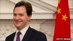 George Osborne in front of a Chinese national flag