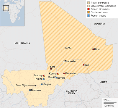 Map showing areas of  control in Mali