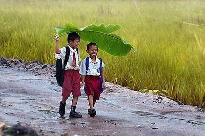 two-kids-under-a-banana-leaf-in-the-rain-indonesia two-kids-under-a-banana-leaf-in-the-rain-indonesia