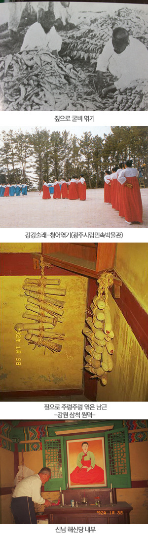 위에서 아래로

짚으로 굴비 엮기
강강술래-청어엮기(광주시립민속박물관)
짚으로 주렁주렁 엮은 남근
-강원 삼척 원덕-
신남 해신당내부