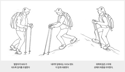 스틱사용 팁 : 1) 팔꿈치가 90도가 되도록 길이를 조절한다. 2) 내리막 길에서는 10cm 정도 더 길게 사용한다. 3) 위쪽에 짚은 스틱에 상체의 하중을 의지한다.