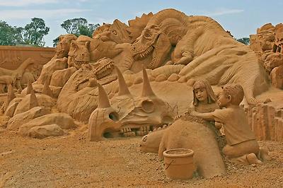 Dinosaur sand sculptures at the Sand Sculpting Australia 'Dinostory' exhibit held at Frankston, Victoria, Australia