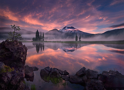 sunrise, striking, sparks lake, oregon, colors, reflect
