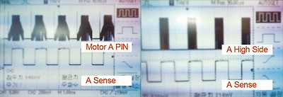 그림3-7. 모터의 A terminal,브릿지회로의 A high side input, Back0EMF 검출기의 A-signal