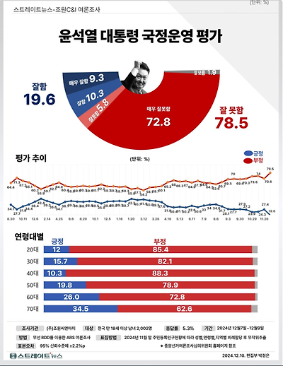 11일 발표된 조원씨앤아이의 12월 2주 차 정기여론조사 결과. 윤석열 대통령의 직무수행평가는 긍정 19.6%, 부정 78.5%를 기록했다.(출처 : 조원씨앤아이)