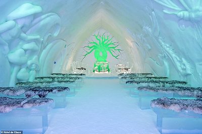 This incredible image shows the ice hotel's beautiful chapel for 2021, where couples can get married
