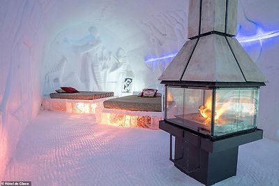 Inside one of the suites, with this one boasting a fireplace. According to Hôtel de Glace, the first step in building the structure is creating the hotel floor, which is almost one metre thick in order to support the building's weight