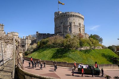 Members of the Royal family follow Prince Philip, Duke of Edinburgh's coffin during the Ceremonial Procession during the funeral of Prince Philip, Duke of Edinburgh at Windsor Castle data-on April 17, 2021 in Windsor, England.