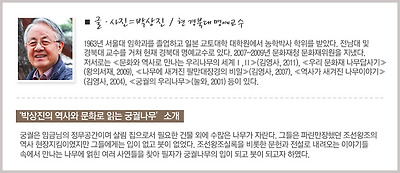 글, 사진 박상진. 현 경북대 명예교수. 1963년 서울대 임학과를 졸업하고 일본 교토대학 대학원에서 농학박사 학위를 받았다. 전남대 및 경북대 교수를 거쳐 현재 경북대 명예교수로 있다. 2007~2009년 문화재청 문화재위원을 지냈다. 저서로는 [문화와 역사로 만나는 우리나무의 세계 1, 2](김영사, 2011), [우리 문화재 나무답사기](왕의서재, 2009), [나무에 새겨진 팔만대장경의 비밀](김영사, 2007), [역사가 새겨진 나무이야기](김영사, 2004), [궁궐의 우리나무](눌와, 2001) 등이 있다.
 / 박상진의 '역사와 문화로 읽는 궁궐나무' 소개
궁궐은 임금님의 정무공간이며 살림 집으로서 필요한 건물 외에 수많은 나무가 자란다. 그들은 파란만장했던 조선왕조의 역사 현장지킴이였지만 그들에게는 입이 없고 붓이 없었다. 조선왕조실록을 비롯한 문헌과 전설로 내려오는 이야기들 속에서 만나는 나무에 얽힌 여러 사연들을 찾아 필자가 궁궐나무의 입이 되고 붓이 되고자 하였다.