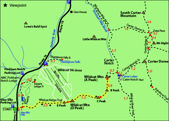 Wildcat Mountain Peak A Map - Wildcat Ridge Trail, Wildcat A, Wildcat B, Wildcat C, Wildcat D, Wildcat E, Carter Lakes, Carter Notch Hut, Wildcat Ski Area, Wildcat Gondola, Glen Ellis Falls, Carter Moriah Trail, Nineteen Mile Brook Trail, Little Wildcat Mountain, Lowes Bald Spot, South Carter Mountain, White Mountains