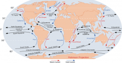 世界の主な海流(暖流は赤、寒流は青) border=