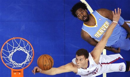 Los Angeles Clippers Forward Blake Griffin, Lower Right, Puts Up A Shot As Denver Nuggets Center Nene, Of Brazil,