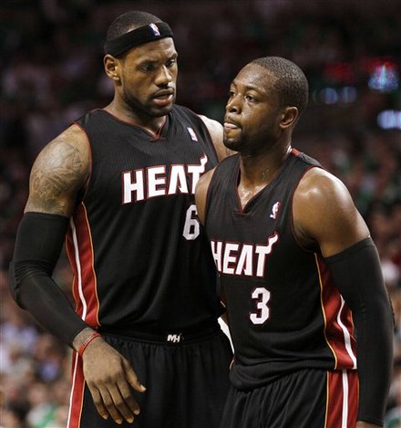 Miami Heat's LeBron James, Left, Talks
