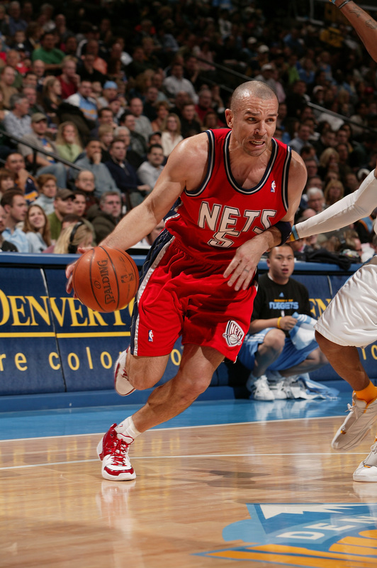 DENVER - JANUARY 25: Jason Kidd #5 of the New jersey Nets goes to the basket against the Denver Nuggets on January 25, 2008 at the Pepsi Center in Denver, Colorado. NOTE TO USER: User expressly acknowledges and agrees that, by downloading and/or using this Photograph, user is consenting to the terms and conditions of the Getty Images License Agreement. Mandatory Copyright Notice: Copyright 2008 NBAE. (Photo by Garrett Ellwood/NBAE/Getty Images)