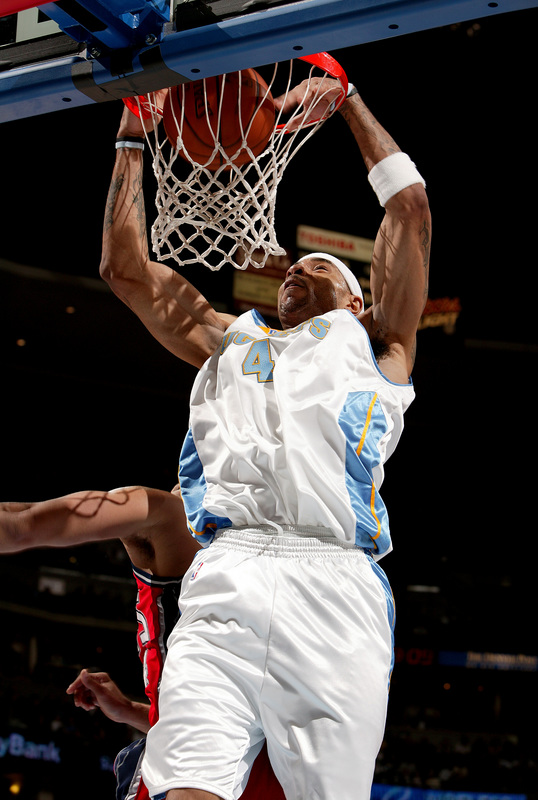 DENVER - JANUARY 25: Kenyon Martin #4 of the Denver Nuggets throws it down against the New Jersey Nets on January 25, 2008 at the Pepsi Center in Denver, Colorado. NOTE TO USER: User expressly acknowledges and agrees that, by downloading and/or using this Photograph, user is consenting to the terms and conditions of the Getty Images License Agreement. Mandatory Copyright Notice: Copyright 2008 NBAE. (Photo by Garrett W. Ellwood/NBAE/Getty Images)