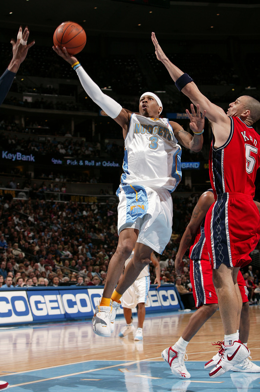 DENVER, CO - JANUARY 25: Allen Iverson #3 of the Denver Nuggets goes to the basket against the New Jersey Nets on January 25, 2008 at the Pepsi Center in Denver, Colorado. NOTE TO USER: User expressly acknowledges and agrees that, by downloading and/or using this Photograph, user is consenting to the terms and conditions of the Getty Images License Agreement. Mandatory Copyright Notice: Copyright 2008 NBAE. (Photo by Garrett W. Ellwood/NBAE/Getty Images)