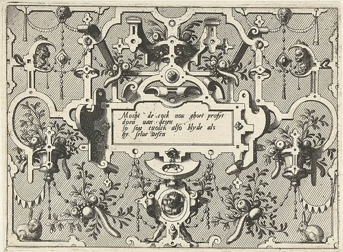 Cartouche met grotesken, middenonder staat een kindtitel