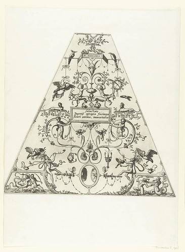 trapezoidal decorations with grotesques, garlands and trophies