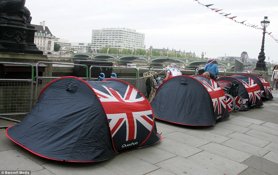 Union Jack adorned tents were a favourite among those who spent the night camped along the banks of the Thames