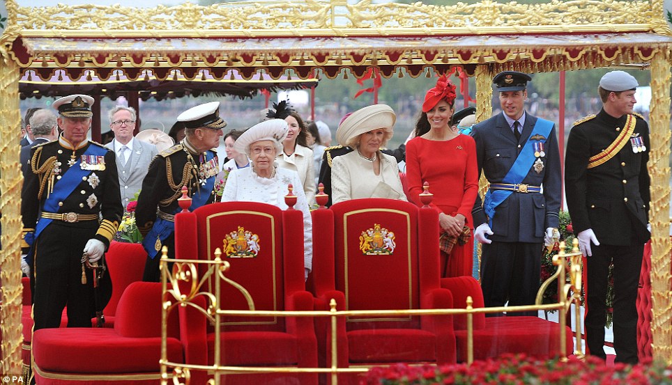 The firm: Members of the Royal family (from left to right) Prince of Wales, Duke of Edinburgh, the Queen, Duchess of Cornwall, Duchess of Cambridge, Duke of Cambridge and Prince Harry