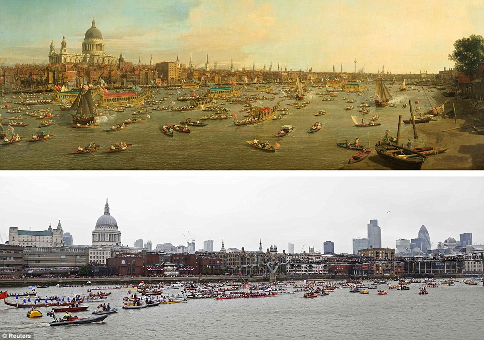 Then and now: A flotilla of manpowered craft rows past St Paul's Cathedral, in a 1747 painting, by Venetian artist Canaletto entitled