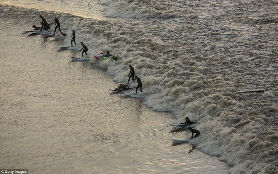 The Severn Bore is a large surge wave that can be seen in the estuary of the River Severn, where the tidal range is the second highest in the world