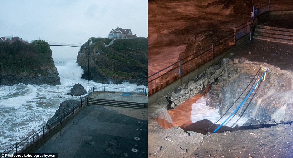 A before and after shot of damage caused by last night's storm in Newquay
