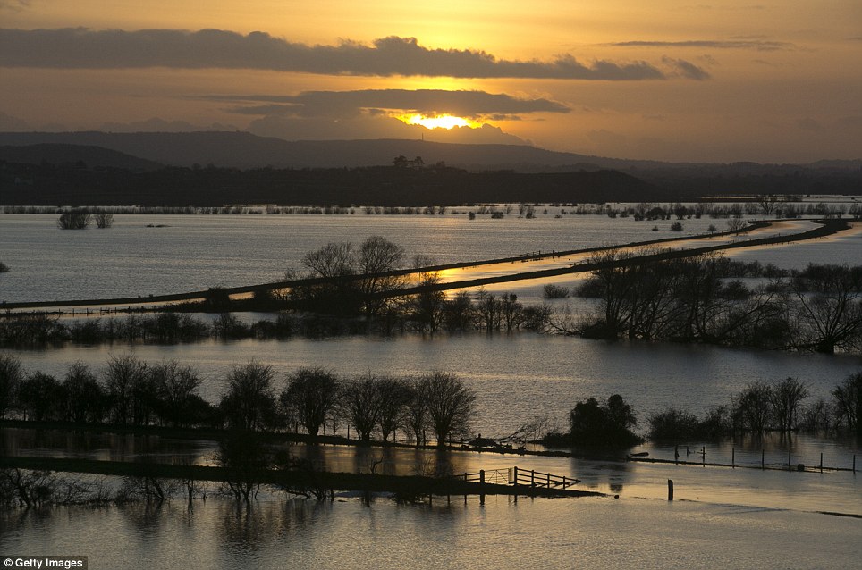 Devastated area: The sun sets over flooded fields surrounding the River Tone that has burst its banks on the Somerset Levels, viewed from Stoke-St-Gregory