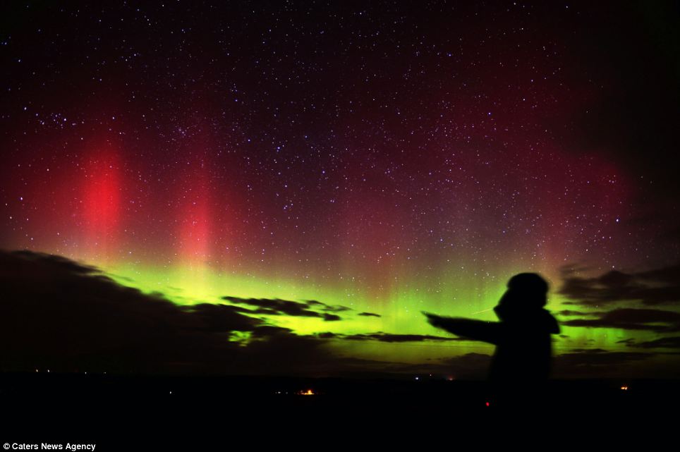 Stunning: The Northern Lights were also visible in the North East of England. Above, the Aurora Borealis light up the sky near Hallbankgate in North Cumbria