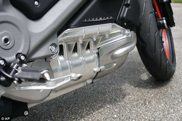 The bike boasts an all-electric engine (shown) that can accelerate from 0-60 mph (0-95 kph) in four seconds. A lightweight aluminium frame surrounds the battery to keep the weight of the bike down and enable it to reach high speeds and have a decent range before needing to be charged