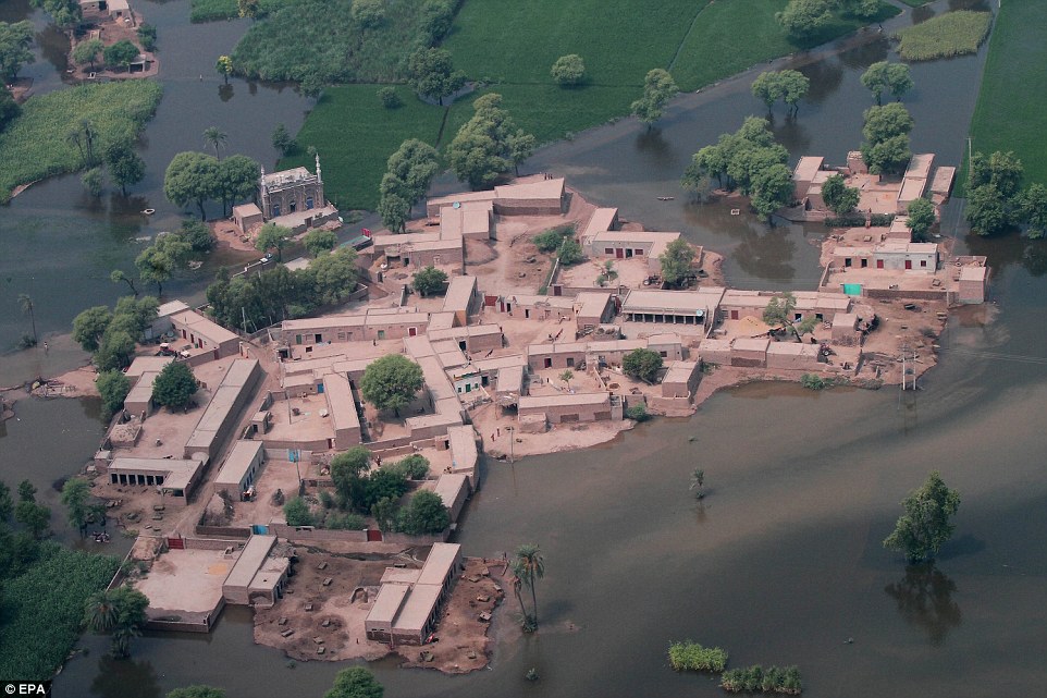 Contrast: The red-brown structures of another complex in Jhang were stark against the lush green landscape and the the muddy waters surrounding them