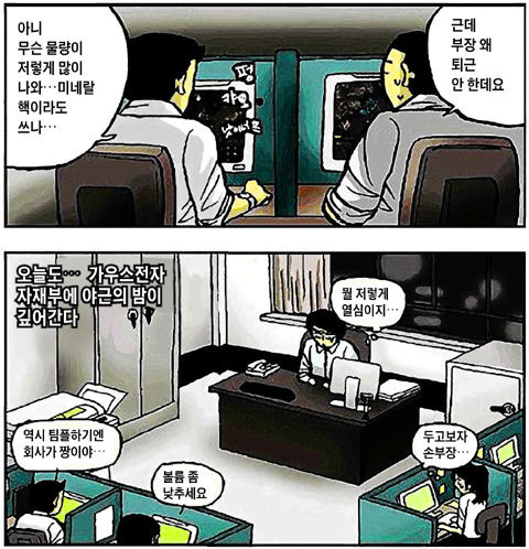 네이버 웹툰 ‘가우스 전자’로 유명한 곽백수씨의 전작 만화 ‘트라우마’의 한 장면. 이 그림을 보고 곧바로 이해된다면 당신은 ‘피해자’, 아니라면 ‘가해자’ 쪽에 가까울 가능성이 크다. 만화 아래쪽 컷의 오른쪽 여직원은 퇴근 못하고 부장 눈치만 보면서 ‘두고 보자’는 말만 속으로 삭인다. 왼쪽 두 직원은 인터넷 게임 삼매경에 빠져 있다. ‘팀플(게임에서 팀플레이)하는 장소로는 역시 회사가 최고’ ‘부장한테 들키니까 게임 볼륨 좀 낮추세요’라고 자기들끼리 얘기한다. 만화 위쪽 컷은 게임하는 두 직원의 모습을 확대한 것이다.