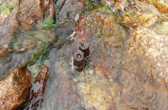 
	'경기도 안양 삼막사에서 발견된 일제 혈침 추정 쇠말뚝 2개'라는 제목으로 보도된 2009년 12월 10일 사진
