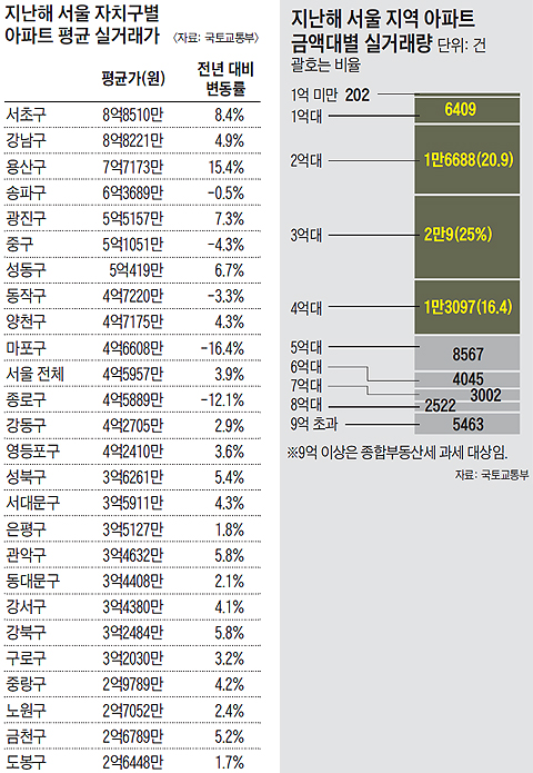 지난해 서울 지역 아파트 금액대별 실거래량 그래프