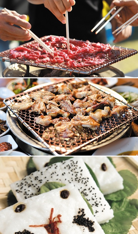 광양은 백운산 자락 참나무가 원재료인 참숯이 좋다. 참숯 화로에 굽는 얇게 저민‘달달한’ 불고기(위). 역시 숯불로 구워내는 닭고기(가운데)도 별미. 술떡이라 불렀던 기정떡(아래)도 인기다.