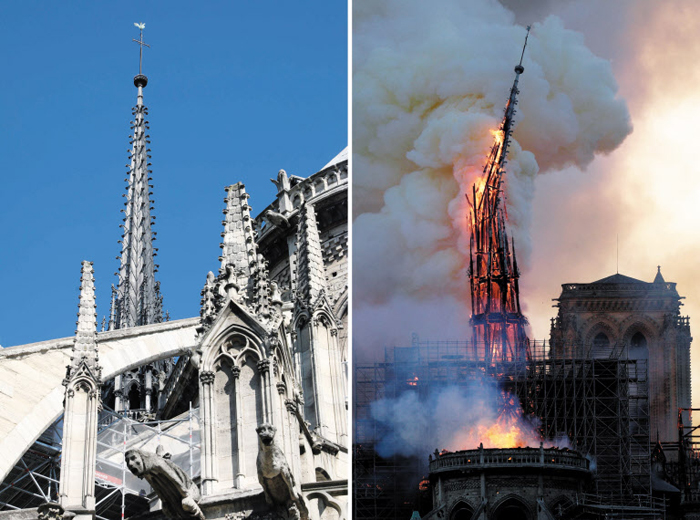 화재 전후 첨탑 96m 높이로 솟은 노트르담 대성당 첨탑(왼쪽)이 15일 화재로 무너지고 있다.