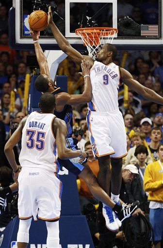 Oklahoma City Thunder Forward Serge Ibaka (9), Of Republic Of Congo, Blocks