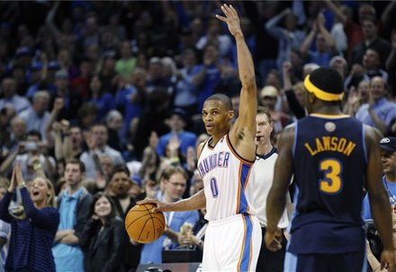 Oklahoma City Thunder Guard Russell Westbrook (0) Gestures