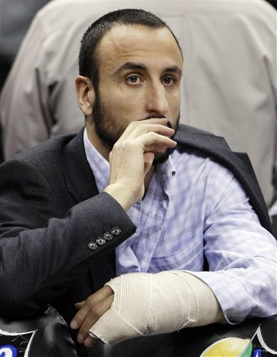 San Antonio Spurs' Manu Ginobili, Of Argentina, Watches