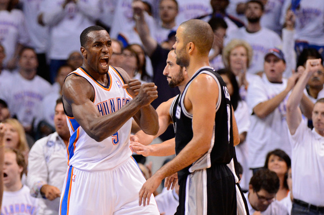 Serge Ibaka #9 Of The Oklahoma City Thunder Reacts