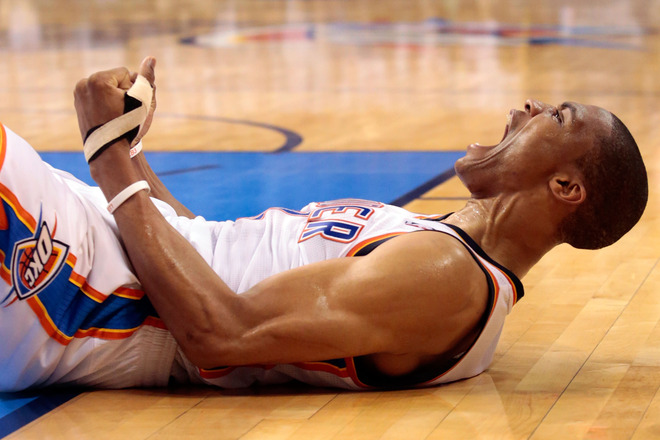 Russell Westbrook #0 Of The Oklahoma City Thunder Reacts