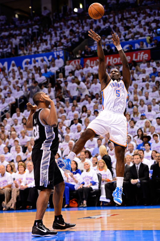 Kendrick Perkins #5 Of The Oklahoma City Thunder Shoots