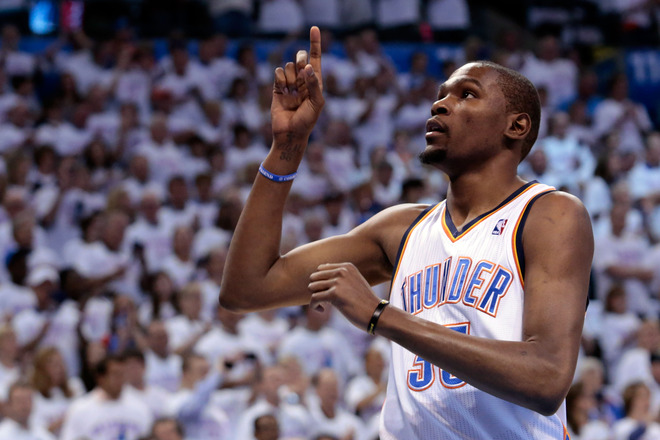 Kevin Durant #35 Of The Oklahoma City Thunder Gestures